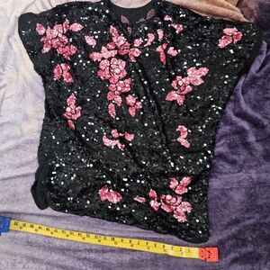 Notations Black Sequin Top with Pink Floral Appliqué